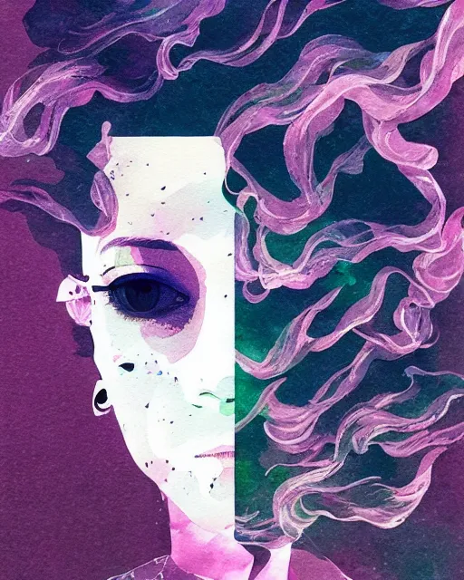 Prompt: vaporwave smoke ink portrait, shattering acrylic geometric watercolor art by victo ngai and wlop