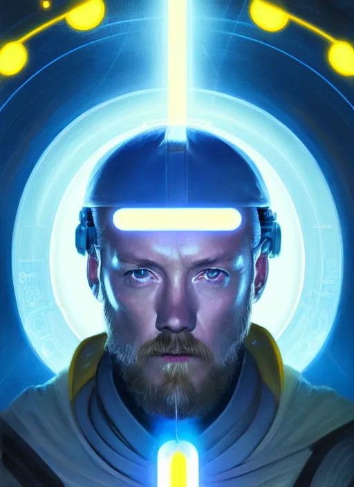 Image similar to symmetry portrait of obi - wan kenobi, sci - fi, tech wear, blue and yellow glowing lights, intricate, elegant, highly detailed, digital painting, artstation, concept art, smooth, sharp focus, illustration, art by artgerm and greg rutkowski and alphonse mucha