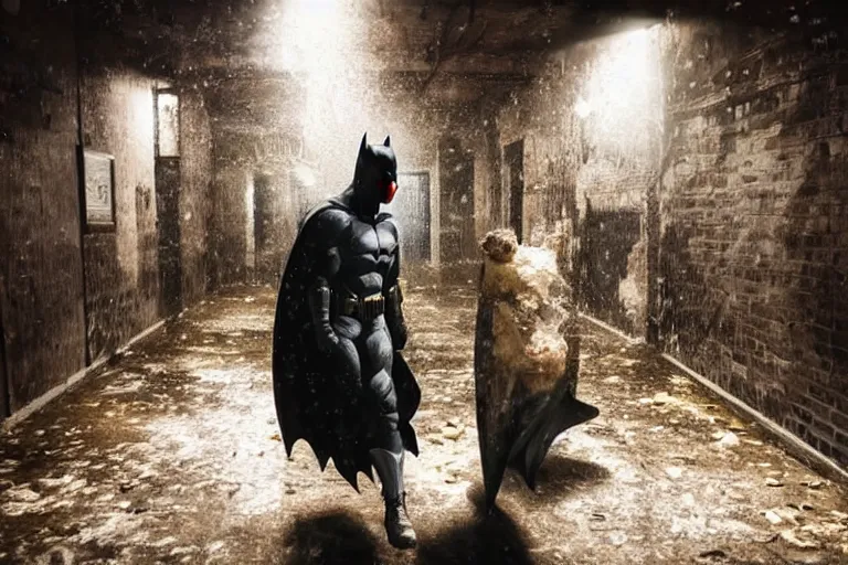 Image similar to batman covered in beer, chasing through old brown decrepit hallway, creepy smile, atmospheric eerie lighting, photorealistic face, dim lighting, bodycam footage, motion blur, photography