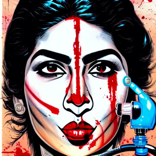 Prompt: a profile photo of a pakistaniwoman with a diving oxygen mask with side profile blood in ocean intricate details by MARVEL comics and Sandra Chevrier-C