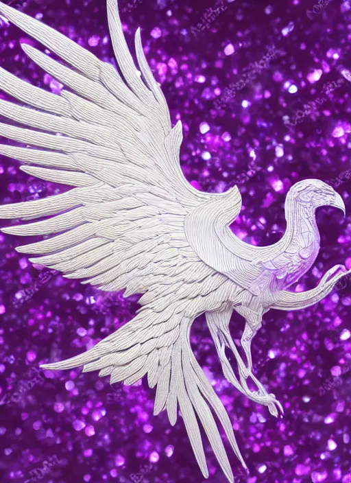 Image similar to white phoenix purple gold colour salt crystals sharp detail 3d render simple background graphic ultra simplified deco design fai khadra gaika style