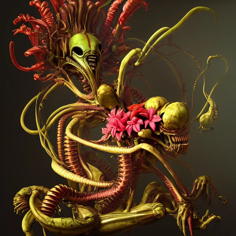 Prompt: still life of alien xenomorph, beautiful tropical flowers, human spine, colorful mold, baroque painting, beautiful detailed intricate insanely detailed octane render, 8K artistic photography, photorealistic, chiaroscuro, Raphael, Caravaggio
