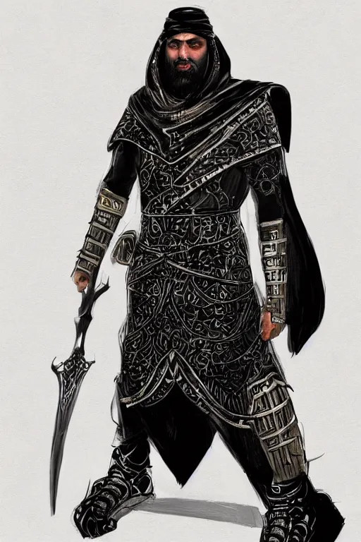 Image similar to !dream Bedouin arab superhero, black vest, intimidating full body armor, Arabian sword, beard, nighttime, cinematic lighting first person view concept art