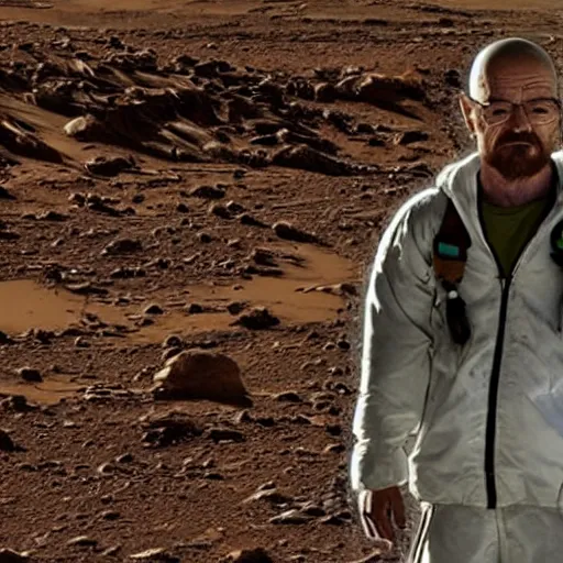 Prompt: Walter White finds crystal meth on Mars whilest exploring with Jesse Pinkman, Realistic, HDR, Clear Image, HDD, Real Event, Historical Event,