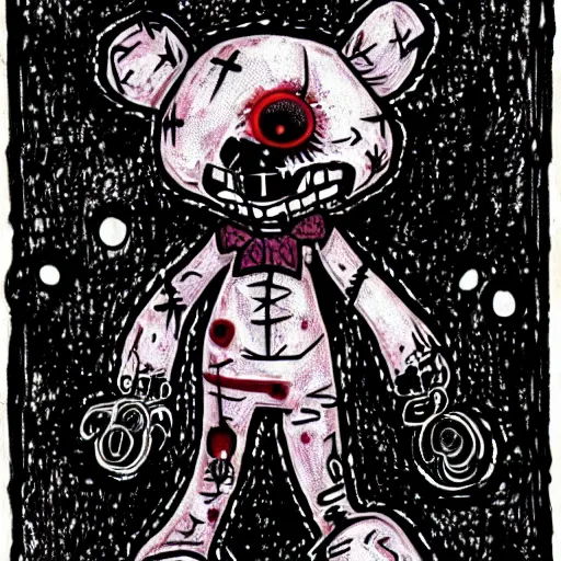 Prompt: dark art grunge drawing of a teddy bear with bloody eyes by - invader zim, loony toons style, horror theme, detailed, elegant, intricate