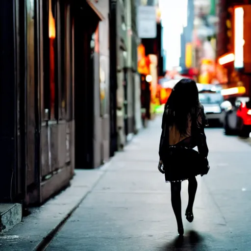 Image similar to a brunette girl, in her twenties, very long hair, dressed casually, walking from behind in the streets of new york, city lights, smoke, cinematic