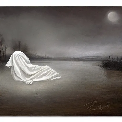 Image similar to ominous bedsheet ghost floating above a frozen lake, oil painting, brush strokes, gloomy foggy atmosphere, symmetrical, full body image, highly ornate intricate details,