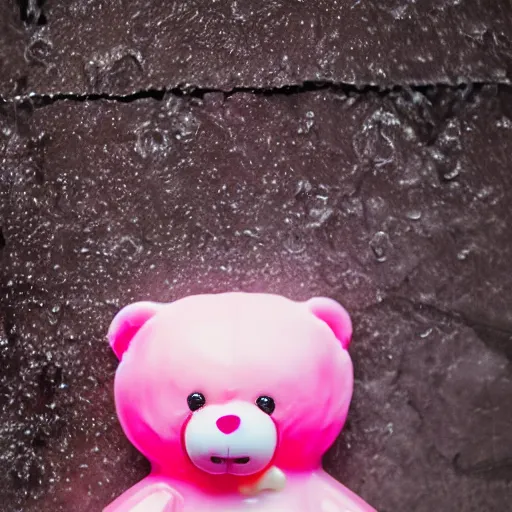 Prompt: realistic photograph of a cute pink teddy bear under a shower of gummy candies, outdoor, noontime, 85mm