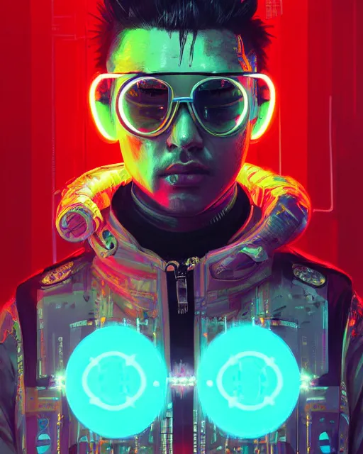 Image similar to detailed portrait Xavier Singy Neon Operator boy, cyberpunk futuristic neon, reflective puffy coat, decorated with traditional Japanese ornaments by Ismail inceoglu dragan bibin hans thoma greg rutkowski Alexandros Pyromallis Nekro Rene Maritte Illustrated, Perfect face, fine details, realistic shaded, fine-face, pretty face