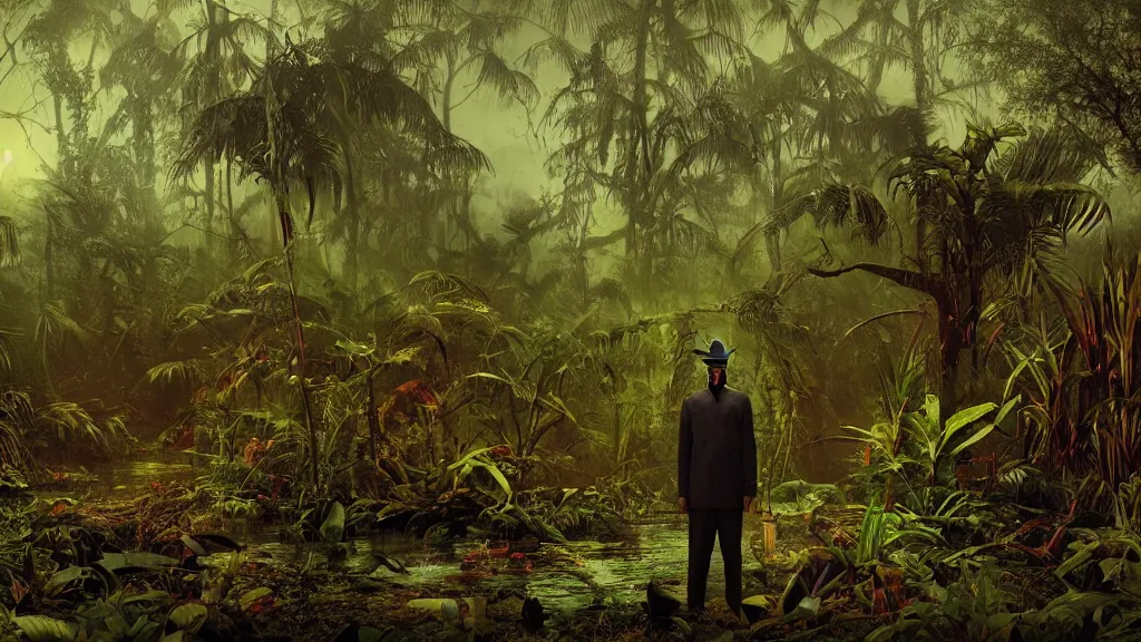 Image similar to snake oil saleman demigod with neon green mask in a swampy jungle landscape, visible sky and humid atmosphere, the salesman's dream by alejandro jodorowsky and denis villeneuve, kodakchrome, cinematic composition, practical effects, 8 k