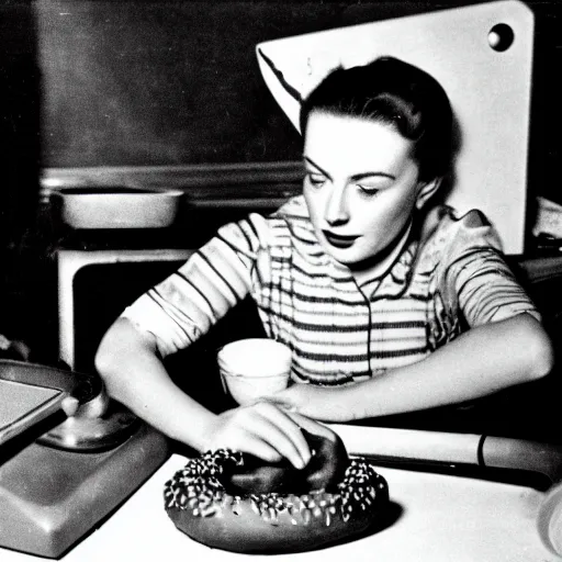 Prompt: an early 1950s photo of someone sitting at a computer making a donut in blender3d