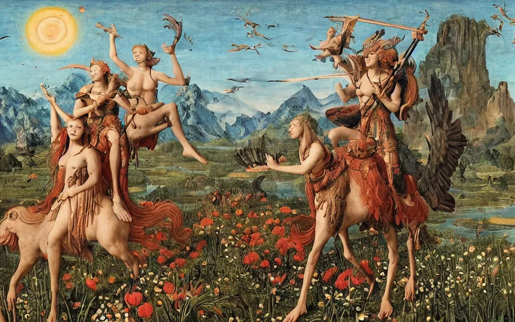 Prompt: a portrait photograph of a meditating harpy and a centaur king riding eagles and hunting at a river delta. surrounded by bulbous flowers, animals and trees. mountains range under a blue sky of burning stars. by jan van eyck, max ernst, ernst haeckel, ernst fuchs and artgerm, artstation, daily deviation, 8 k