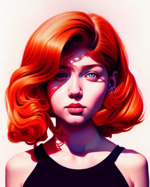 Image similar to hyper - realistic portrait of a pop art girl, dynamic wavy hair, perspective body anatomy, detailed designs, digital painting, 4 k, by ilya kuvshinov, by artgem, atmospheric lighting