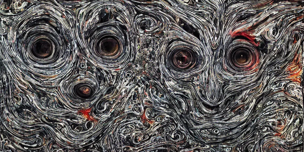 Image similar to camo made of eyes, technical, acrylic, teeth, eerie, tribal, clay, dotting, lines, stipple, points, cybernetic, style of old painting, francis bacon art, swirly eyes, hypnosis, eerie, terror, oil, neon, black and white, splotches, colorful dots, ominous,