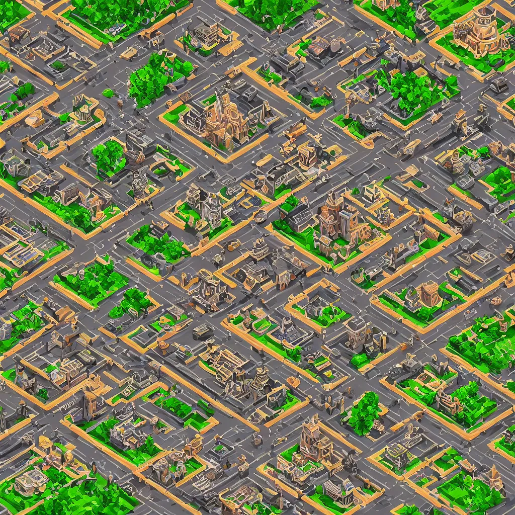 Image similar to isometric view of ancient city by madmaraca, textured, detailed, beautiful, indie game, 8 k wallpaper