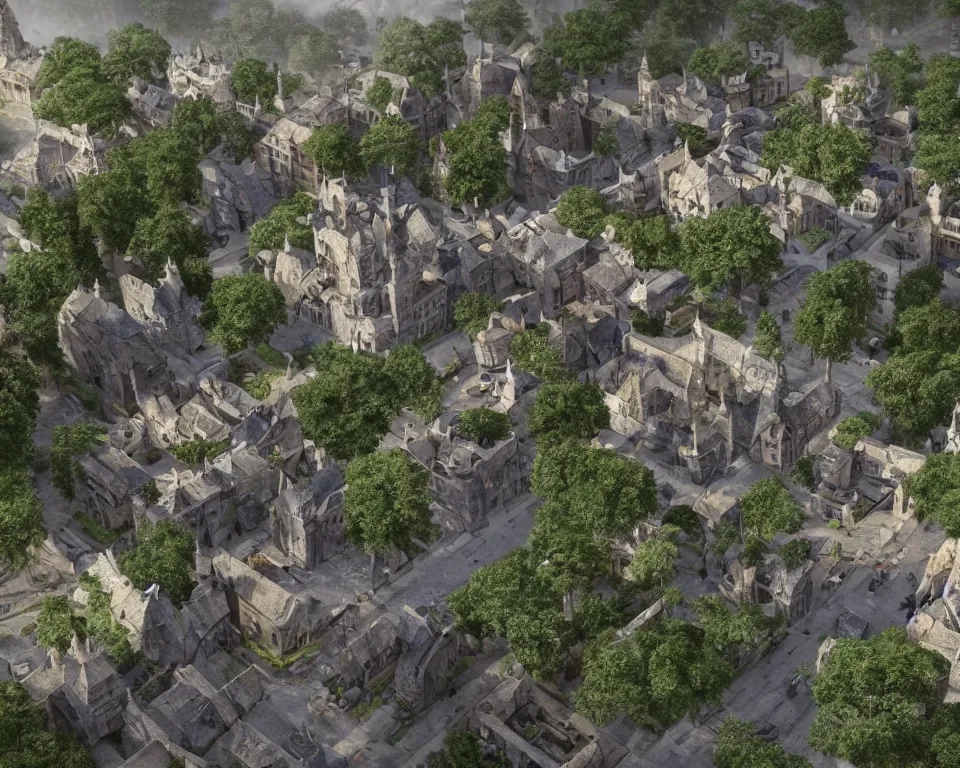 Image similar to medieval fae city, built into trees and stone, street view, unreal engine, hyperrealism