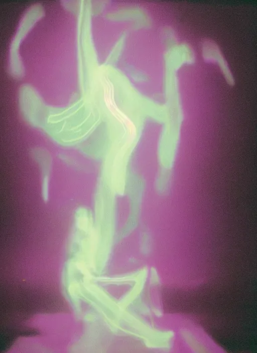 Prompt: symmetrical females ascending astral projection, liquid glowing auras, motion blur, long exposure, film grain, cinematic lighting, experimental film, shot on 1 6 mm