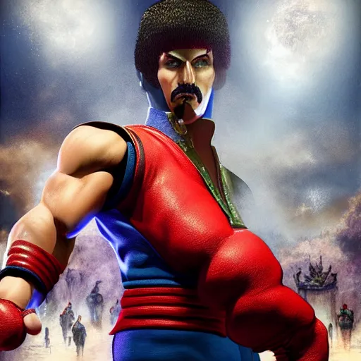 Image similar to freddy mercury as ken street fighter, uppercut, ultra realistic, concept art, intricate details, highly detailed, photorealistic, octane render, 8 k, unreal engine, art by frank frazetta, simon bisley, brom