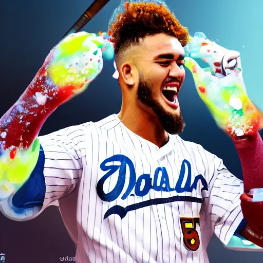 Prompt: fernando tatis jr applying cream to himself, splash art, hyper detailed, 8 k