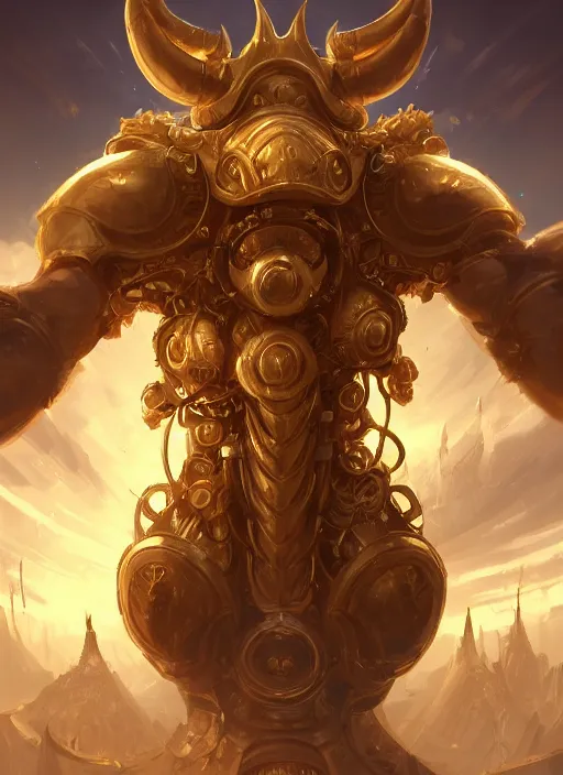 Image similar to a highly detailed illustration of gentle colossal golden horned mechanical giant, with cute doting eyes, intricate, elegant, highly detailed, centered, digital painting, artstation, concept art, smooth, sharp focus, league of legends concept art, wlop.