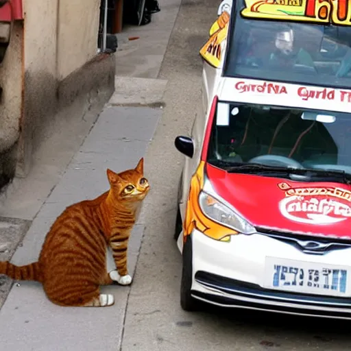 Image similar to garfield the cat driving car into side of pizzeria