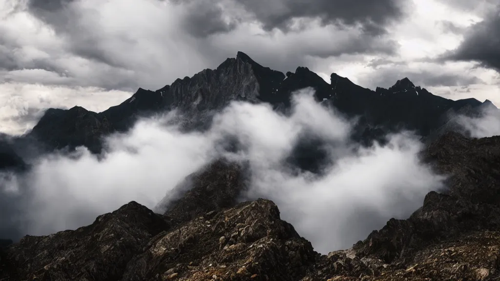 Image similar to a cinematic landscape photograph of a mountains peak in the clouds, thunder and lightning