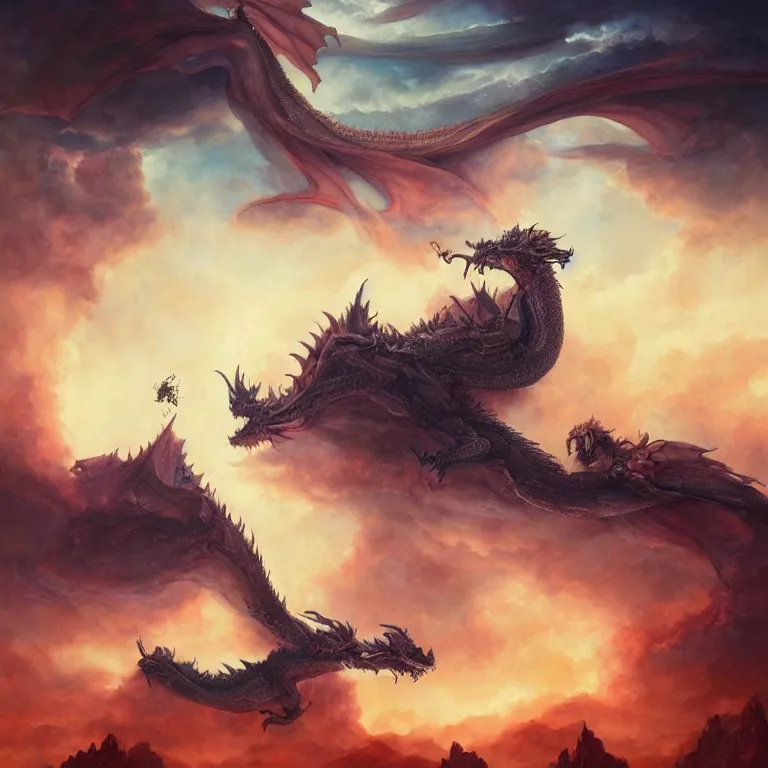 Prompt: huge dragon, fire, floating city on clouds, by wayne barlowe, peter mohrbacher, kelly mckernan, epic scene, 4 k, fantasy, colorful, environment, highly detailed