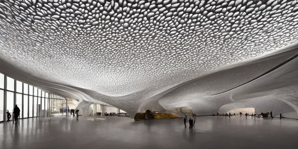 Image similar to extremely detailed ornate stunning sophisticated beautiful elegant futuristic museum lobby interior by Zaha Hadid, stunning volumetric light, stainless steal, concrete, translucent material, beautiful sunset, tail lights