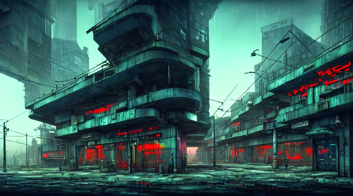 Image similar to post apocalyptic cyberpunk police station, building, avenue, urban architecture, americana architecture, concrete architecture, cloudy sky, paved roads, in the style of guido borelli, trending on artstation, photorealistic, wild vegetation, utopian, futuristic, blade runner, vivid colors scheme, neon signs, sharp, clear, focus