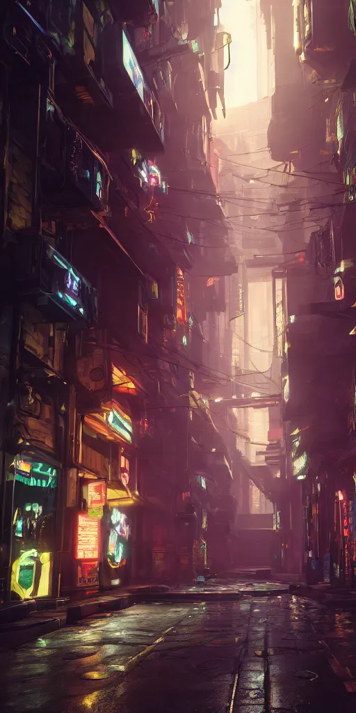 Prompt: cyberpunk alley by charles le brun, 8 k, raytracing, unreal engine 5,