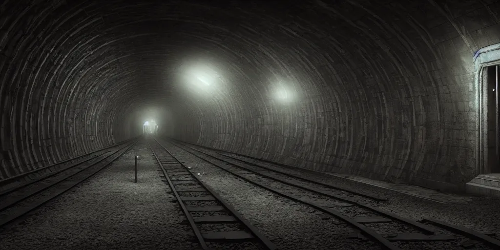 Prompt: a subway tunnel, dark, spooky, dreamlike, satanic symbols in the style of 1 3 ghosts movie, low light, hyperrealistic, coherent composition, artstation, matte painting, concept art, edward hughes hyper detailed, photo realistic, unreal engine, octane render, post processed 4 k uhd