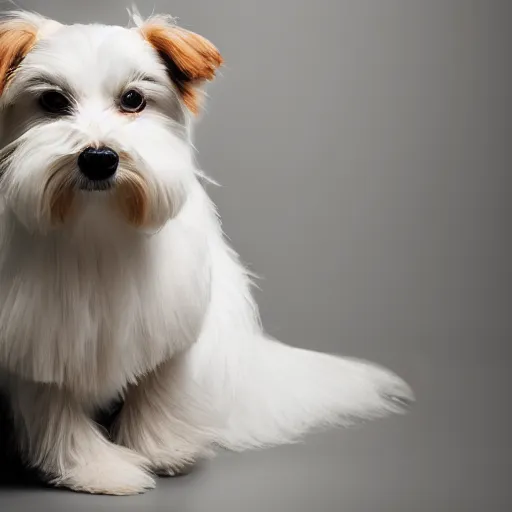 Image similar to a cream - colored havanese dog in a long dress posing for a picture, a poster by mark english, unsplash contest winner, private press, dynamic pose, full body, high resolution