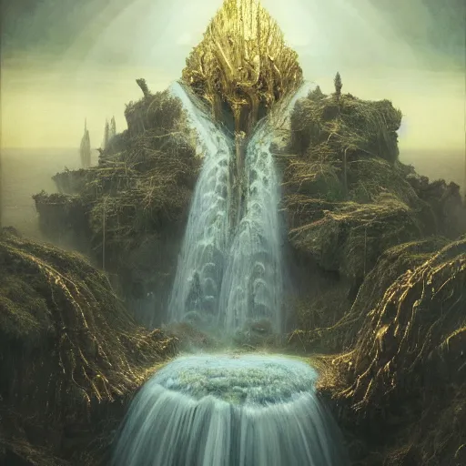 Prompt: the throne of abudance, matte painting, gold waterfalls | highly detailed oil painting, hyperrealistic, very intrincate | cinematic lighting, award - winning | by rachel ruysch, giger, beksinski and bocklin | by austin osman spare and william blake, trending on artstation, cgsociety, official art, octane.