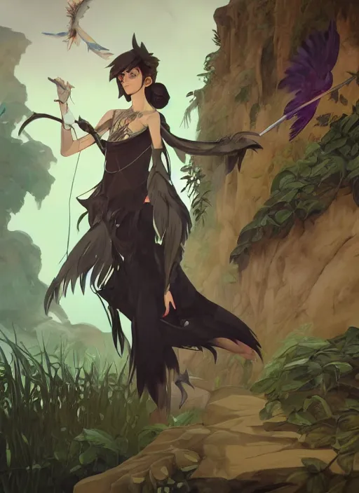 Image similar to concept art painting of an androgynous harpy with black feathers, pirate clothes, detailed, realistic, cel shaded, in the style of makoto shinkai and james gurney and alphonse mucha and greg rutkowski and artgerm