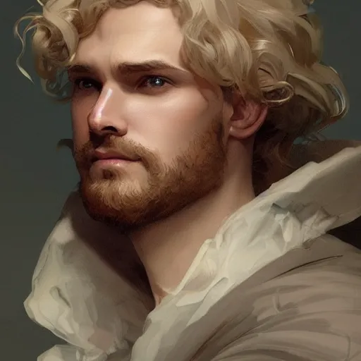 Prompt: Lucius with closed eyes smiling, very detailed sharp angular masculine face, hooked nose and square jaw long fluffy curly blond hair, light blond hair, gorgeous, beautiful, intricate, highly detailed, digital painting, artstation, concept art, sharp focus, illustration, art by greg rutkowski and alphonse mucha