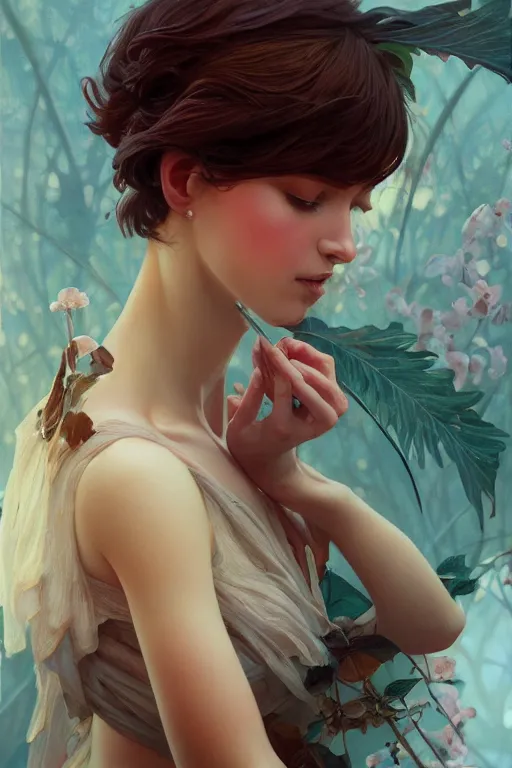 Image similar to a beautiful nymph, fantasy, portrait, sharp focus, intricate, elegant, digital painting, artstation, matte, highly detailed, concept art, illustration, ambient lighting, art by ilya kuvshinov, artgerm, Alphonse mucha, and Greg Rutkowski