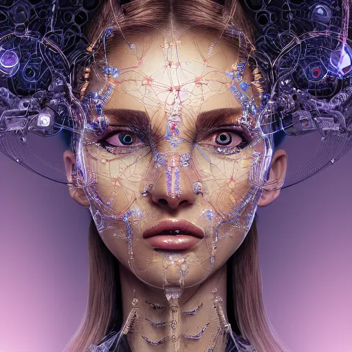 Prompt: very beautiful woman integrating with technology, full face frontal centered, portrait, insipiring, detailed intricate ornate cables connected to head, big open electric eyes, luxurious detailed abundent wiring and implants, diamonds, ruby, sci - fi, detailed technology background with cyber flowers and insects, highly detailed, artstation, 8 k,