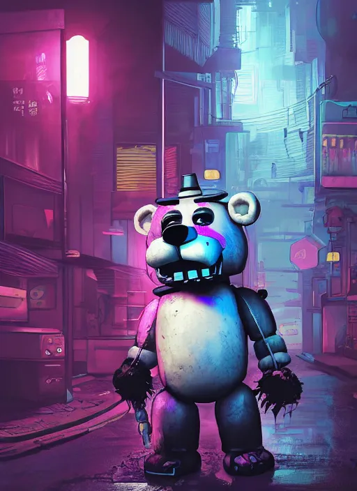 Prompt: character portrait of Freddy Fazzbear from Five Nights at Freddy's in a cyberpunk city at night while it rains. hidari, color page, tankoban, 4K, tone mapping, Akihiko Yoshida. Nomax, Kenket, Rukis. comic book style, photorealistic, professional lighting, hyperdetailed, high resolution, high quality, dramatic, deviantart, artstation, 4k, real photo