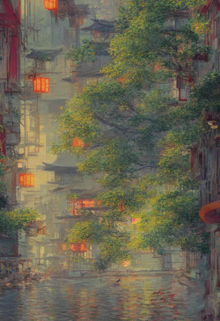 Image similar to a beautiful japanese city near the sea, amazing ryokans and gorgeous edo era houses, epic cyberpunk, lofi vibe, colorful, vivide colors, oil painting in impressionist style, by jeremy lipkin, by claude monet, by makoto shinkai, multiple brush strokes, inspired by ghibli, masterpiece, beautiful