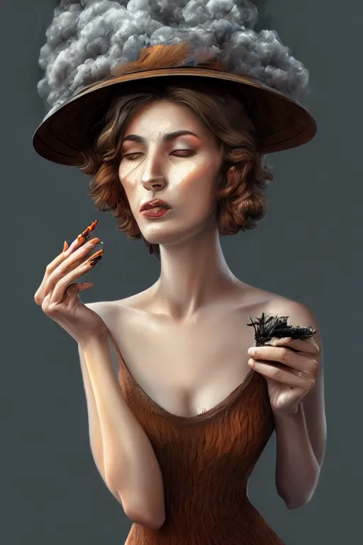 Image similar to Sad woman smoking a gigarette, wearing hat made of smoke and ashes, fantasy, intricate, elegant, highly detailed, digital painting, artstation, concept art, smooth, sharp focus, illustration, art by Ilja Repin