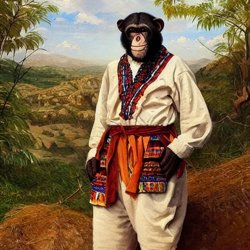 Image similar to beautiful painting by sophie anderson of a chimpanzee wearing traditional men kurdish clothes baggy pants and white shirt with a large sash tied around the waist in a kurdish village, award winning art, insanely detailed, bright colors, global illumination, cute, young, stunning