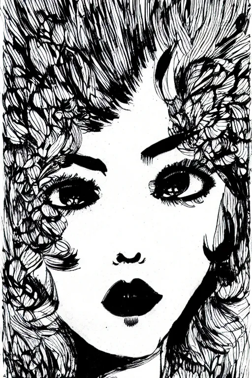 Image similar to ink lineart drawing of a beautiful woman, doll face, big lips, white background, etchings by goya, chinese brush pen, illustration, high contrast, deep black tones contour