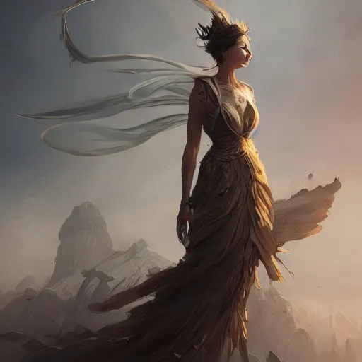 Image similar to a woman with dress balancing with wind, highly detailed, illustration, fantasy art, in the style of greg rutkowski, epic, fantasy, intricate, hyper detailed, artstation, concept art, smooth, sharp focus, ray tracing