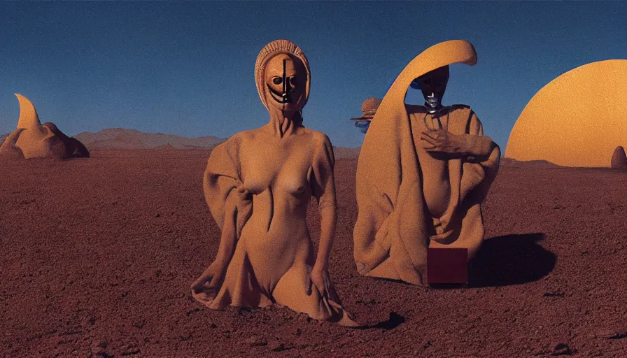 Image similar to glowing bene gesserit in full - face golden glowing mask meet salvador dali in a black rocky desert landscape with alienabandoned city beneath the sand and giant alien spaceship in the sky attacks the earth by christopher doyle and alejandro jodorowsky, anamorphic lens, kodakchrome, cinematic composition, very detailed photo, 8 k,