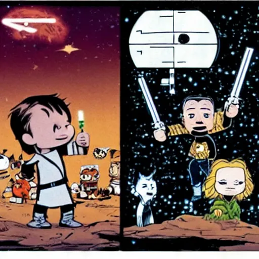 Prompt: star wars jedis in the style of calvin and hobbes, bill watterson