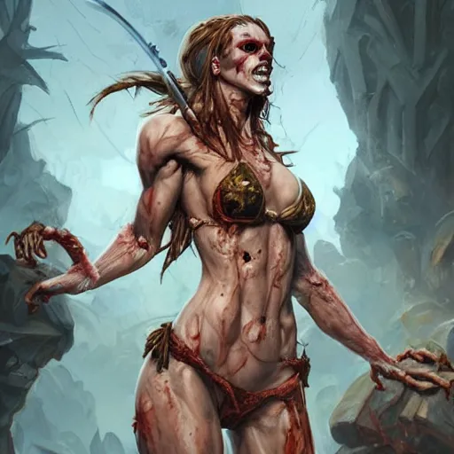 Prompt: muscular female zombie, deep focus, d & d, fantasy, intricate, elegant bikini, highly detailed, digital painting, artstation, concept art, matte, sharp focus, illustration, hearthstone, art by artgerm and greg rutkowski and alphonse mucha
