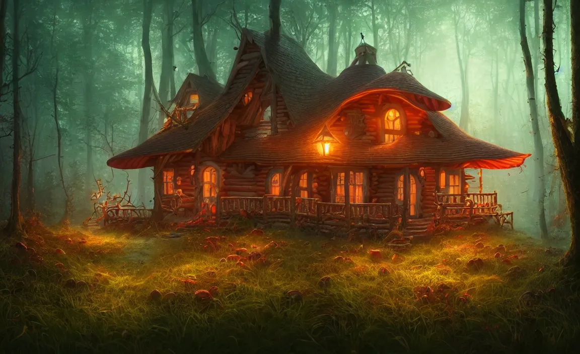 Prompt: cabin in mushroom forest by charlie bowater and anna dittmann and artgerm and clemens ascher, intricate, elegant, red and brown and blue and green mist, highly detailed, dramatic lighting, sharp focus, octane render, trending on artstation, artstationhd, artstationhq, unreal engine, 4 k, 8 k