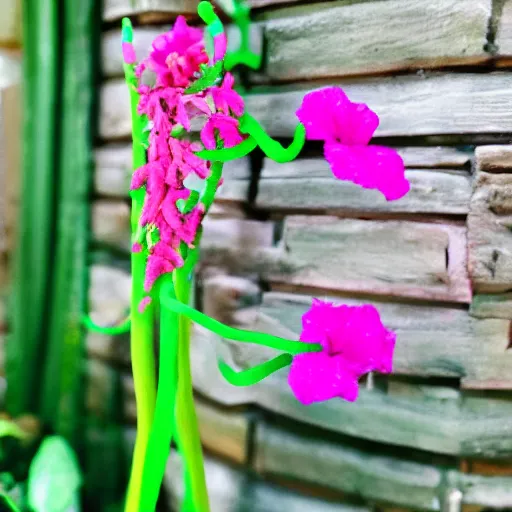 Image similar to studio photograph of a thin green vine creature with vine limbs and a pink blooming flower bulb with many sharp teeth