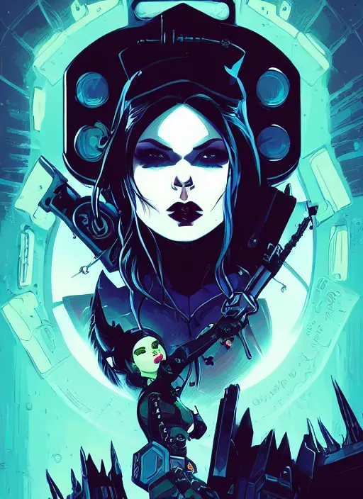 Image similar to beautifull goth maiden, cute face. warhammer, cyberpunk, artstation, art by petros afshar, tom whalen, laurie greasley and greg rutkowski and ilya kuvshinov