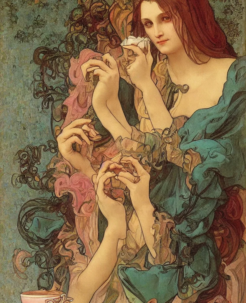 Image similar to a beautiful arrogant surreal greek lady drinking tea looking disdained, rennaisance painting, whimsical, pastel pink color palette, by leonardo da vinci and alphonse mucha